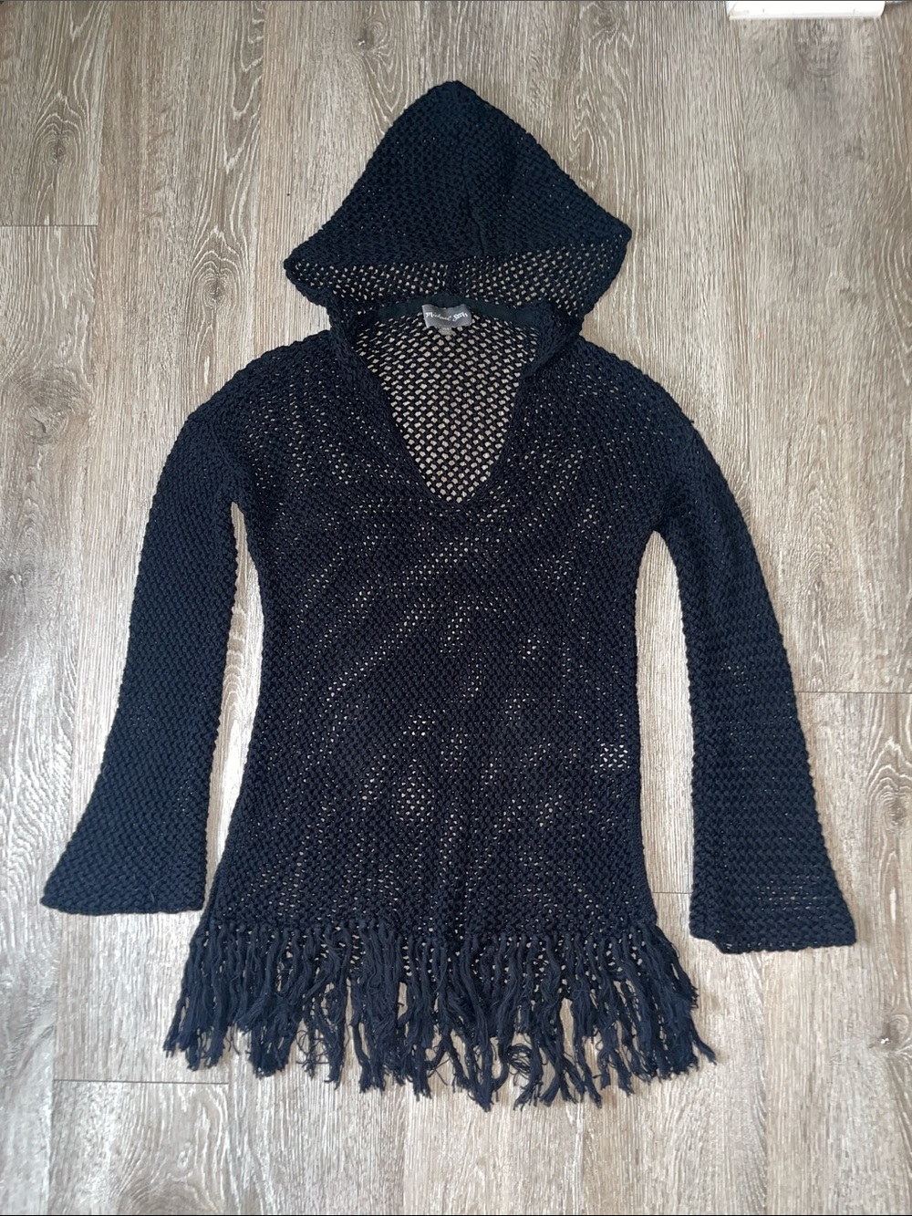 Michael Stars Black Open-Knit Hooded Fringe Cover-Up hoodie sweater top long